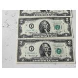 1976 Green Seal $2 Dollar Federal Reserve Notes Uncirculated Consecutive with Postal Stamps