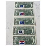 1976 Green Seal $2 Dollar Federal Reserve Notes Uncirculated Consecutive with Postal Stamps