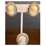 Elegant Set of Vintage Cameo Earrings and Brooch