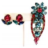 Vintage Coro Set of Pink & Blue Rhinestone Clip-On Earrings with Brooch