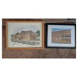 Living room  - Pair of Framed Artworks - Vintage Railroad Station and Autumn Lake Scene