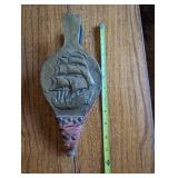 Vintage Brass and Leather Fireplace Bellows with Nautical Ship Design