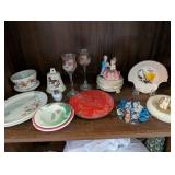 Vintage Decor Collection with Porcelain Figurine, Glassware, and Plates