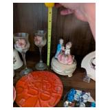 Vintage Decor Collection with Porcelain Figurine, Glassware, and Plates
