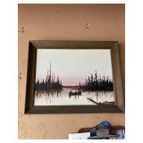 Framed Signed Landscape Painting of Canoe in Forest
