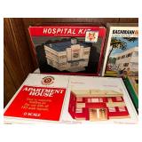 Collection of Bachmann Plasticville O Scale Model Kits - Hospital, Apartment House, Colonial Church