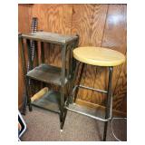 Vintage Metal Shelving Unit and Wooden Top Bar Stool Set
