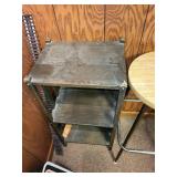 Vintage Metal Shelving Unit and Wooden Top Bar Stool Set
