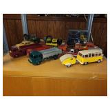 Collection of Vintage Die-Cast Model Vehicles Including Buses and Trucks