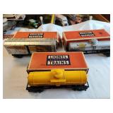 Lionel Train Post-War Era Tank Cars - No. 6015 Tank, No. 6555 Tank, and 3473 W.P. Box Car with Original Boxes