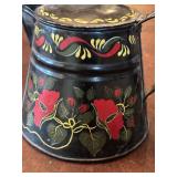 Antique Hand-Painted Black Tin Pitcher with Floral Design
