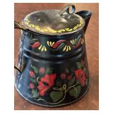 Antique Hand-Painted Black Tin Pitcher with Floral Design