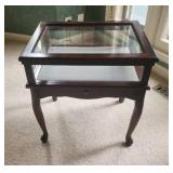 Mahogany Display Coffee Table with Glass Top and Drawer