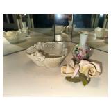 Set of Capodimonte Porcelain Rose, Dresden Vase, and White Lattice Basket