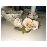 Set of Capodimonte Porcelain Rose, Dresden Vase, and White Lattice Basket