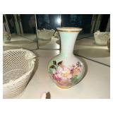 Set of Capodimonte Porcelain Rose, Dresden Vase, and White Lattice Basket