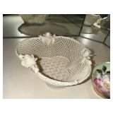 Set of Capodimonte Porcelain Rose, Dresden Vase, and White Lattice Basket