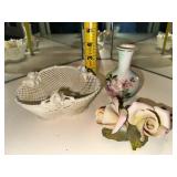 Set of Capodimonte Porcelain Rose, Dresden Vase, and White Lattice Basket