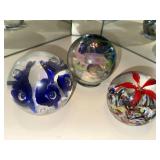 Set of 3 St. Clair Art Glass Paperweights with Floral and Seashell Designs