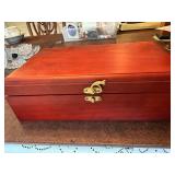 Vintage Wooden Jewelry or Tea Box with Red Velvet Lined Interior