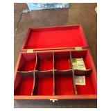 Vintage Wooden Jewelry or Tea Box with Red Velvet Lined Interior