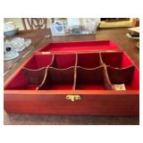 Vintage Wooden Jewelry or Tea Box with Red Velvet Lined Interior