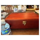 Vintage Wooden Jewelry or Tea Box with Red Velvet Lined Interior