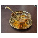 Gold Trimmed French Porcelain Bowl Set with Ladle and Plate