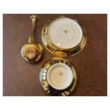 Gold Trimmed French Porcelain Bowl Set with Ladle and Plate