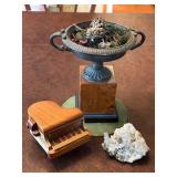 Decorative Stone Urn, Miniature Wooden Piano Box, and Quartz Crystal Cluster
