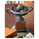 Decorative Stone Urn, Miniature Wooden Piano Box, and Quartz Crystal Cluster