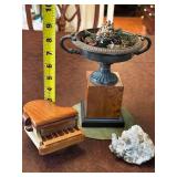 Decorative Stone Urn, Miniature Wooden Piano Box, and Quartz Crystal Cluster