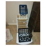 Collection of Plastic Storage Bins and Wire Basket Shelf