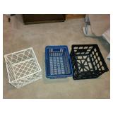 Collection of Plastic Storage Bins and Wire Basket Shelf