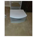 Collection of Plastic Storage Bins and Wire Basket Shelf