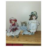 Set of 3 Porcelain Dolls with Vintage Clothing
