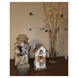 Decorative Set: Jar of Seashells, Birdhouse, Glass Coasters, and Dried Flower Arrangement