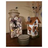 Decorative Set: Jar of Seashells, Birdhouse, Glass Coasters, and Dried Flower Arrangement
