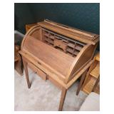 Vintage Roll-Top Wooden Desk with Drawer and Compartments