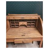 Vintage Roll-Top Wooden Desk with Drawer and Compartments