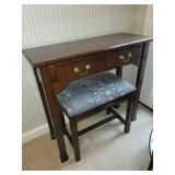 Wood Console Table with Stools and Floral Upholstered Cushions
