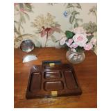 Mixed Collectible Set: Vintage Table Lamp, Glass Clock, Wooden Desk Organizer, and Faux Floral Arrangement