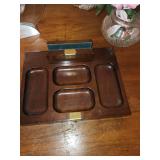 Mixed Collectible Set: Vintage Table Lamp, Glass Clock, Wooden Desk Organizer, and Faux Floral Arrangement