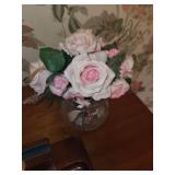 Mixed Collectible Set: Vintage Table Lamp, Glass Clock, Wooden Desk Organizer, and Faux Floral Arrangement