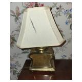 Mixed Collectible Set: Vintage Table Lamp, Glass Clock, Wooden Desk Organizer, and Faux Floral Arrangement