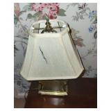 Mixed Collectible Set: Vintage Table Lamp, Glass Clock, Wooden Desk Organizer, and Faux Floral Arrangement