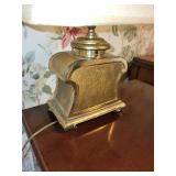Mixed Collectible Set: Vintage Table Lamp, Glass Clock, Wooden Desk Organizer, and Faux Floral Arrangement
