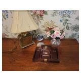 Mixed Collectible Set: Vintage Table Lamp, Glass Clock, Wooden Desk Organizer, and Faux Floral Arrangement