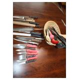 Mixed Lot of Kitchen Knives and Utensils with Basket