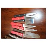 Mixed Lot of Kitchen Knives and Utensils with Basket